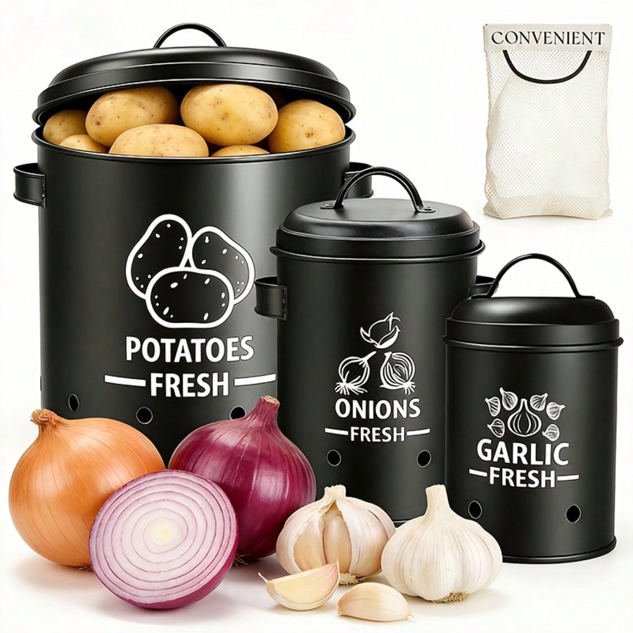 Kitchen Gadgets Organizer - 감자 양파 마늘 보관함 세트, 농가풍